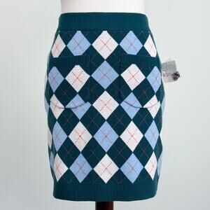 Free People Teal Preppy Argyle Diamond Academia Sweater Knit Mini Skirt NWT